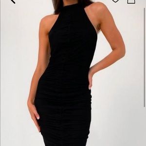 BLACK MESH RUCHED FRONT HALTER NECK MIDAXI DRESS